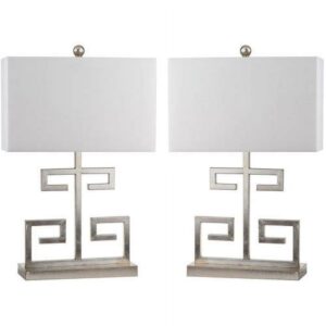 SAFAVIEH Greek Key 25 in. H Metallic Table Lamp, Antique Silver, Set of 2