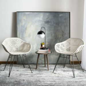 SAFAVIEH Jadis Modern Glam Leather Woven Dining Chair, White/Grey, Set of 2