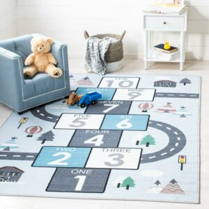 SAFAVIEH Kids Play House Myrtle Hopscotch Area Rug, Grey/Blue, 5'5" x 7'7"