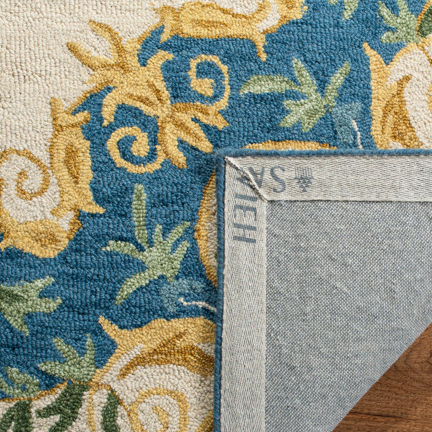 SAFAVIEH Micro-Loop Ibrahim Floral Bordered Wool Runner Rug, Cream/Blue, 2'3" x 7' - Image 4