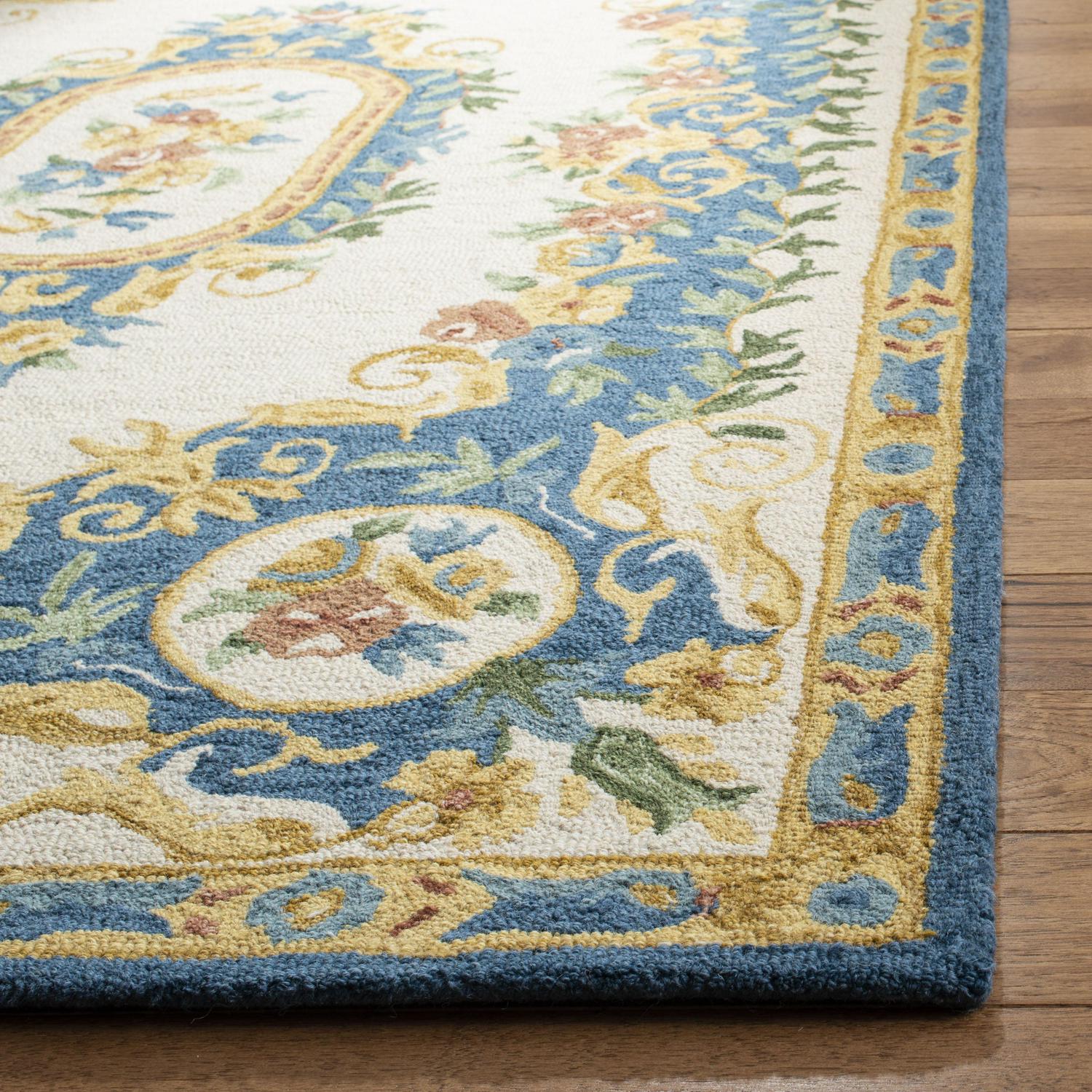 SAFAVIEH Micro-Loop Ibrahim Floral Bordered Wool Runner Rug, Cream/Blue, 2'3" x 7' - Image 3
