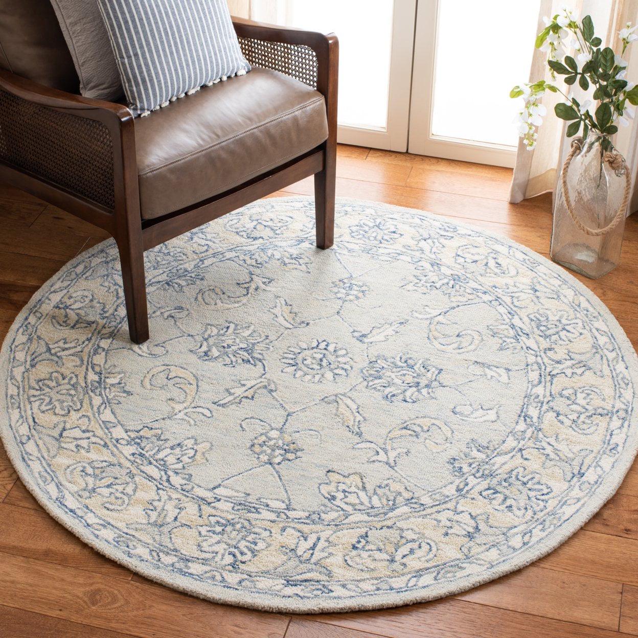 SAFAVIEH Micro-Loop Calista Floral Bordered Wool Area Rug, Blue/Beige, 4' x 6' - Image 8