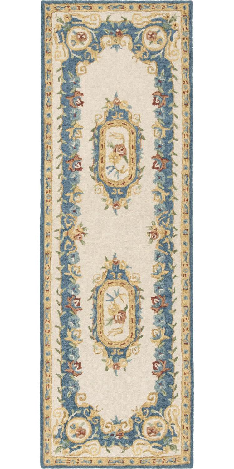 SAFAVIEH Micro-Loop Ibrahim Floral Bordered Wool Runner Rug, Cream/Blue, 2'3" x 7' - Image 2