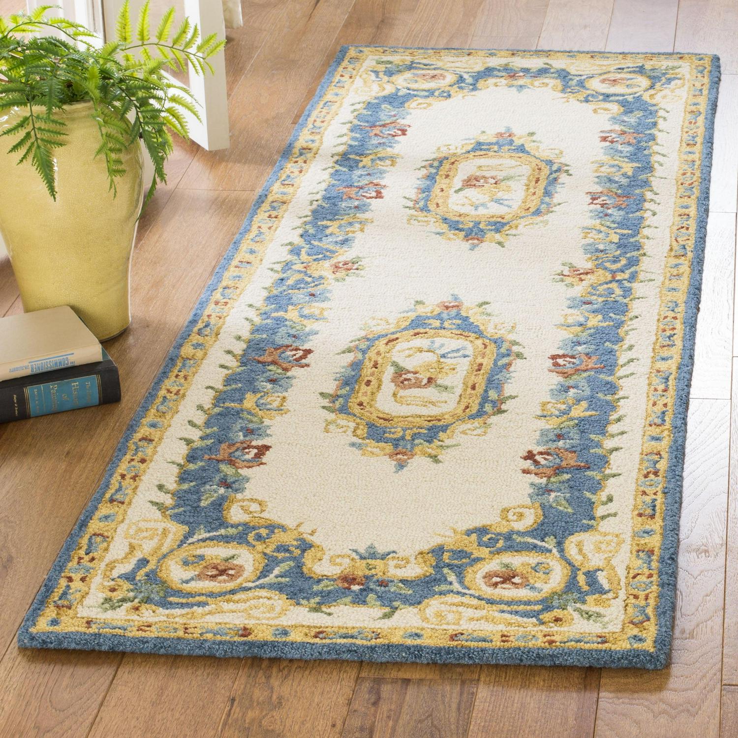 SAFAVIEH Micro-Loop Ibrahim Floral Bordered Wool Runner Rug, Cream/Blue, 2'3" x 7'