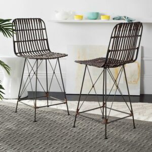SAFAVIEH Minerva 23" High Wicker Barstool, Brown/Black, Set of 2