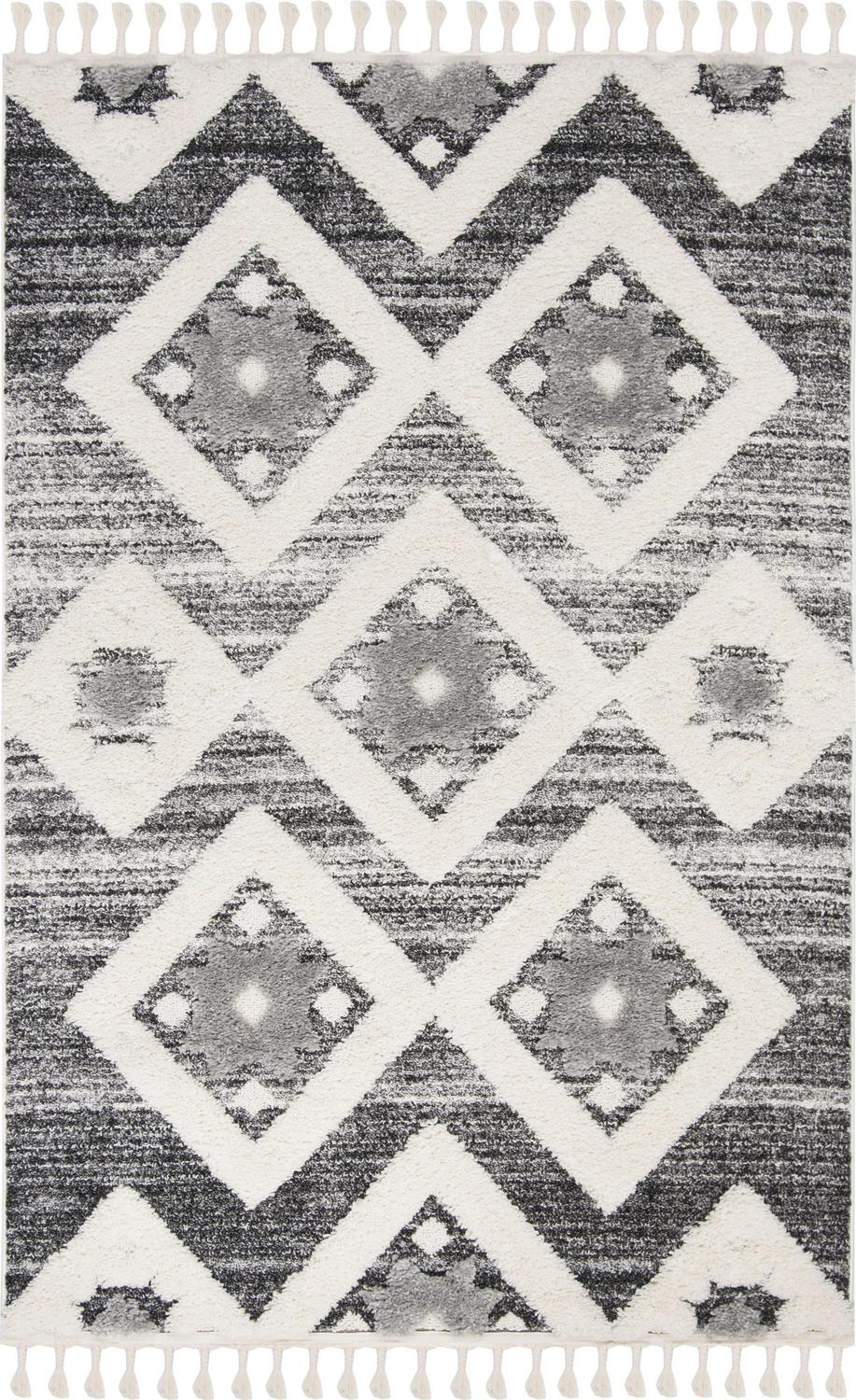 SAFAVIEH Moroccan Tassel Shag Dawson Moroccan Geometric Area Rug, Grey/Ivory, 5'3" x 7'6"