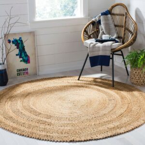 SAFAVIEH Natural Fiber Rodina Geometric Braided Jute Area Rug, Natural, 5' x 5' Round
