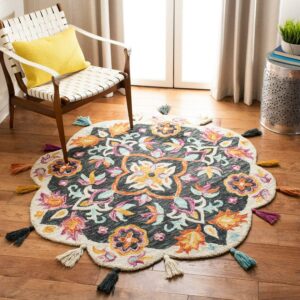 SAFAVIEH Novelty Deforrest Colorful Floral Wool Area Rug, Blue/Pink, 5' x 5' Round