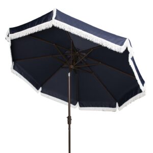 SAFAVIEH Outdoor Collection Milan Fringe 9-Foot Tilt Umbrella Navy/White