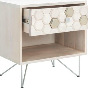 SAFAVIEH Raveena Coastal Geometric 1 Drawer Nightstand, White Wash/Silver