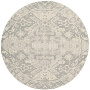 SAFAVIEH Restoration Vintage Eunice Border Wool Area Rug, Light Grey/Ivory, 6' x 6' Round