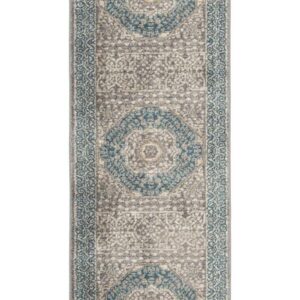 SAFAVIEH Sofia Waylon Geometric Bordered Runner Rug, Light Grey/Blue, 2'2" x 18'