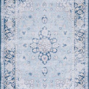 SAFAVIEH Tucson Brooke Traditional Machine Washable Area Rug, 5' x 8', Light Blue/Navy