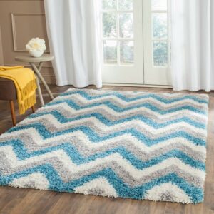 SAFAVIEH Willis Zigzag Stripes Kids Shag Area Rug, Ivory/Blue, 8' x 10'