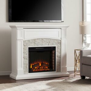 SEI Furniture Seneca Electric Media Fireplace - White with White Faux Stone 45.75 x 40.75 Freestanding Indoor Electric Fireplaces