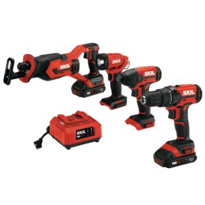 SKIL CB739601 PWR CORE 20V 4 Tool Combo Kit, Drill Driver, Impact, Drive, Recip Saw, and Spot Light, with two 2.0Ah Batteries and Charger