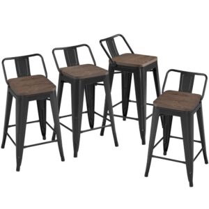 Alden Design 24" Metal Counter Bar Stools Low Back with Wood Top, Set of 4, Black