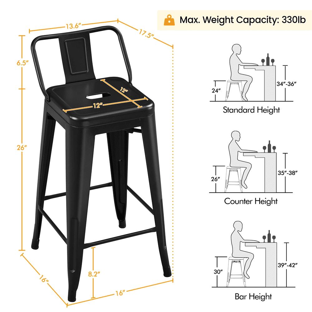 Alden Design 26" Metal Counter Bar Stools with Low Back for Home Bar, 4pcs, Black - Image 4
