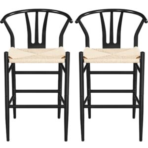 Alden Design 2PCS Mid-Century Counter-height Bar Stool with Slat Backrest, Black