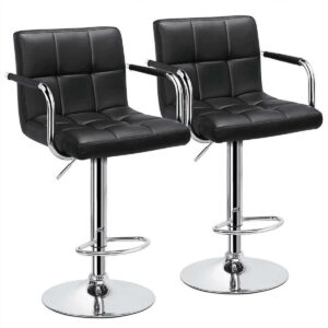 Alden Design Set of 2 Faux Leather Swivel Bar Stools, Black, Adjustable Height