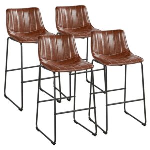 Alden Design 30" PU Leather Bar Stool Upholstered Armless Metal Stool with Backrest, Set of 4, Brown