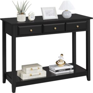 Alden Design 3-Drawer Wooden Console Table with Storage Shelf for Entryway, Black