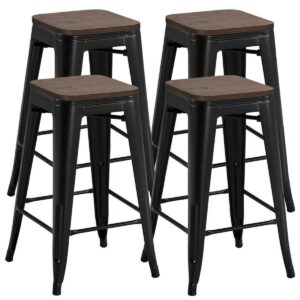 SMILE MART 4PCS Metal Counter Bar Stools with Wooden Seat for Bistro/Patio/Café/Restaurant/Dining Room/Kitchen Black
