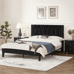 Alden Design Full Size Upholstered Bed Frame with Built-In USB Ports Tufted Headboard, Black