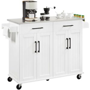 Alden Design Large Kitchen Island on Wheels with Storage Drawers & Cabinets, White