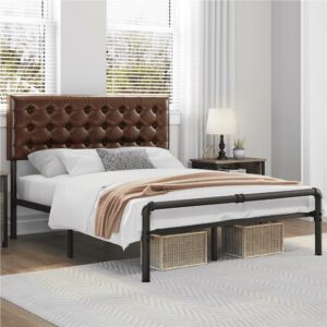 Alden Design Metal Platform Queen Bed with Tufted Faux Leather Headboard, Brown