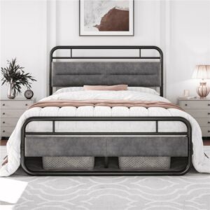 Alden Design Queen Size Metal Platform Bed with Velvet Upholstered Headboard，Dark Gray