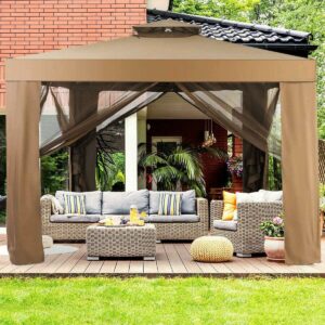 SUGIFT 10'x10' Outdoor Gazebo Patio Tents Garden Canopy Shelter W/ Netting, Brown