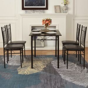 SUGIFT 5 Piece Dining Table Set Wood Metal Table and 4 PU Cushion Chairs Kitchen Breakfast Furniture, Black