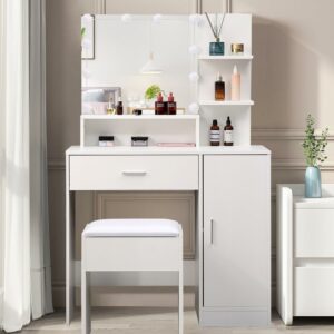 SUGIFT White Vanity Desk with LED Lighted Mirror, Power Outlet and 3 Storage Compartments for Bedroom