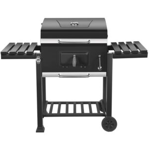 SUGIFT Heavy-Duty 24" Portable Charcoal Grill with Foldable Side Shelf, Wheels & Tool Hooks – Compact Outdoor BBQ for Camping, Tailgates, and Backyard Grilling (Black)