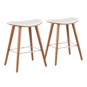 Saddle 26" Mid-Century Modern Counter Stool In Walnut And White Faux Leather - Set Of 2