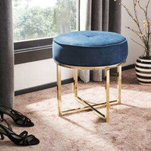 SAFAVIEH Angelea Contemporary Round Velvet Ottoman, Navy/Brass