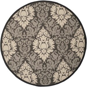 Safavieh Courtyard Jessie Damask Outdoor Indoor/Outdoor Area Rug, 6'7" x 6'7" Round, Black/Sand