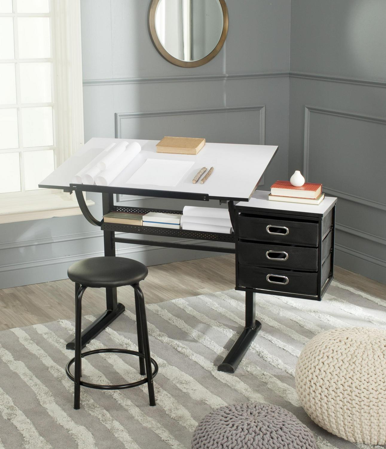 SAFAVIEH Harvard Rustic Solid Writing Desk with Stool, Black/White