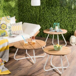 SAFAVIEH Henderson 3 Piece Wood Top Outdoor Coffee Tables, Natural/White