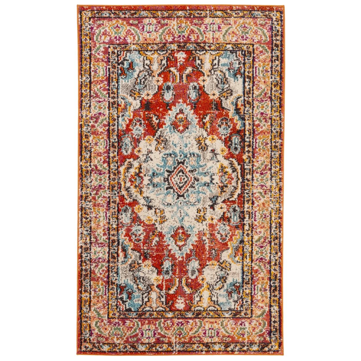SAFAVIEH Monaco Toria Oriental Area Rug, Orange/Light Blue, 8' x 8' Round - Image 3