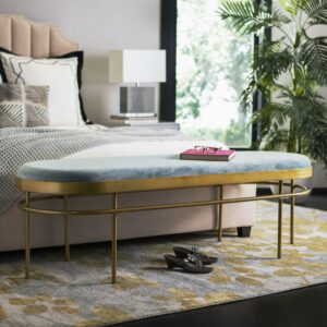 SAFAVIEH Sylva Modern Glam Oval Upholstered Bench, Slate Blue/Gold