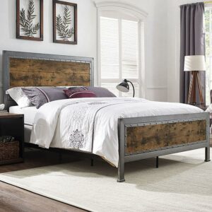 Walker Edison Riveted Metal Plank Queen Size Bed, Rustic Oak