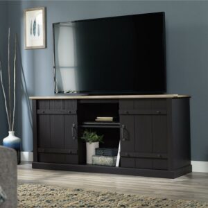 Sauder Black Farmhouse TV Stand with Oak Accent for TVs up to 70", Raven Oak Finish