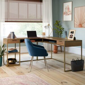 Sauder International Lux Modern L-Shaped Desk with Gold Frame, Sindoori Mango Finish