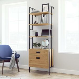 Sauder New Hyde 4-Shelf Wall-mounted Bookcase with Drawers, Serene Walnut Finish
