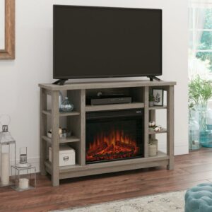 Sauder TV Stand with Electric Fireplace & Storage for TVs up to 50", Mystic Oak Finish