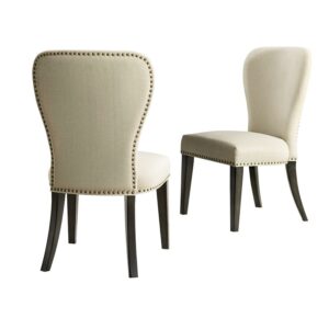 Alaterre Furniture Savoy Set of 2 Upholstered Dining Chairs, Accent Chairs with Cream Linen Fabric and Dark Legs for Dining Room, Desk, or Sitting Area