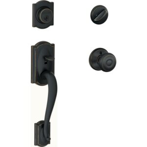 Schlage Camelot Single Cylinder Handleset and Georgian Knob, Aged Bronze (F60 V CAM 716 GEO)