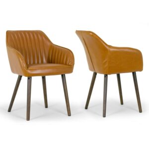 Set of 2 Alaura Arm Chair in Caramel Brown Faux Leather with Beech Legs